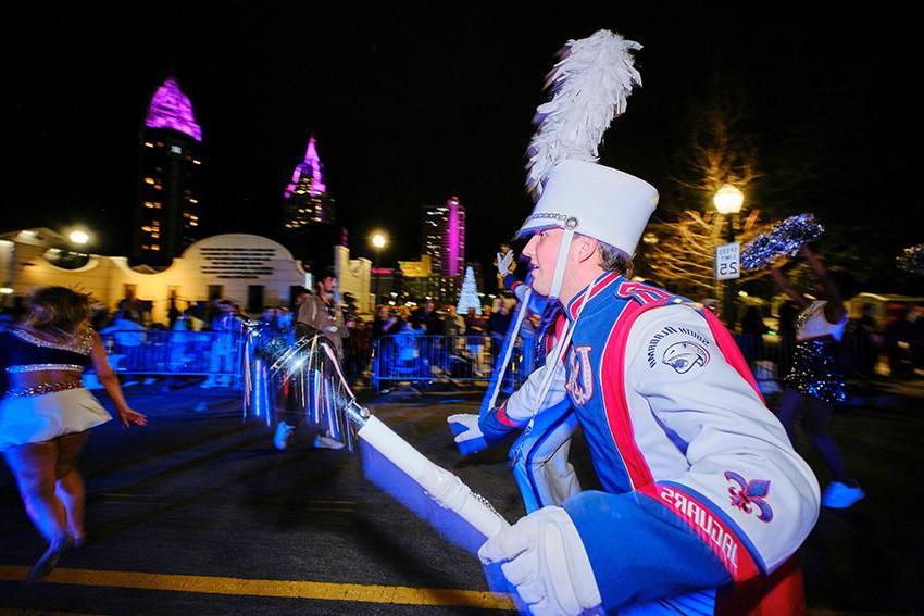 Jaguar Marching Band with Mobile skyline as background 